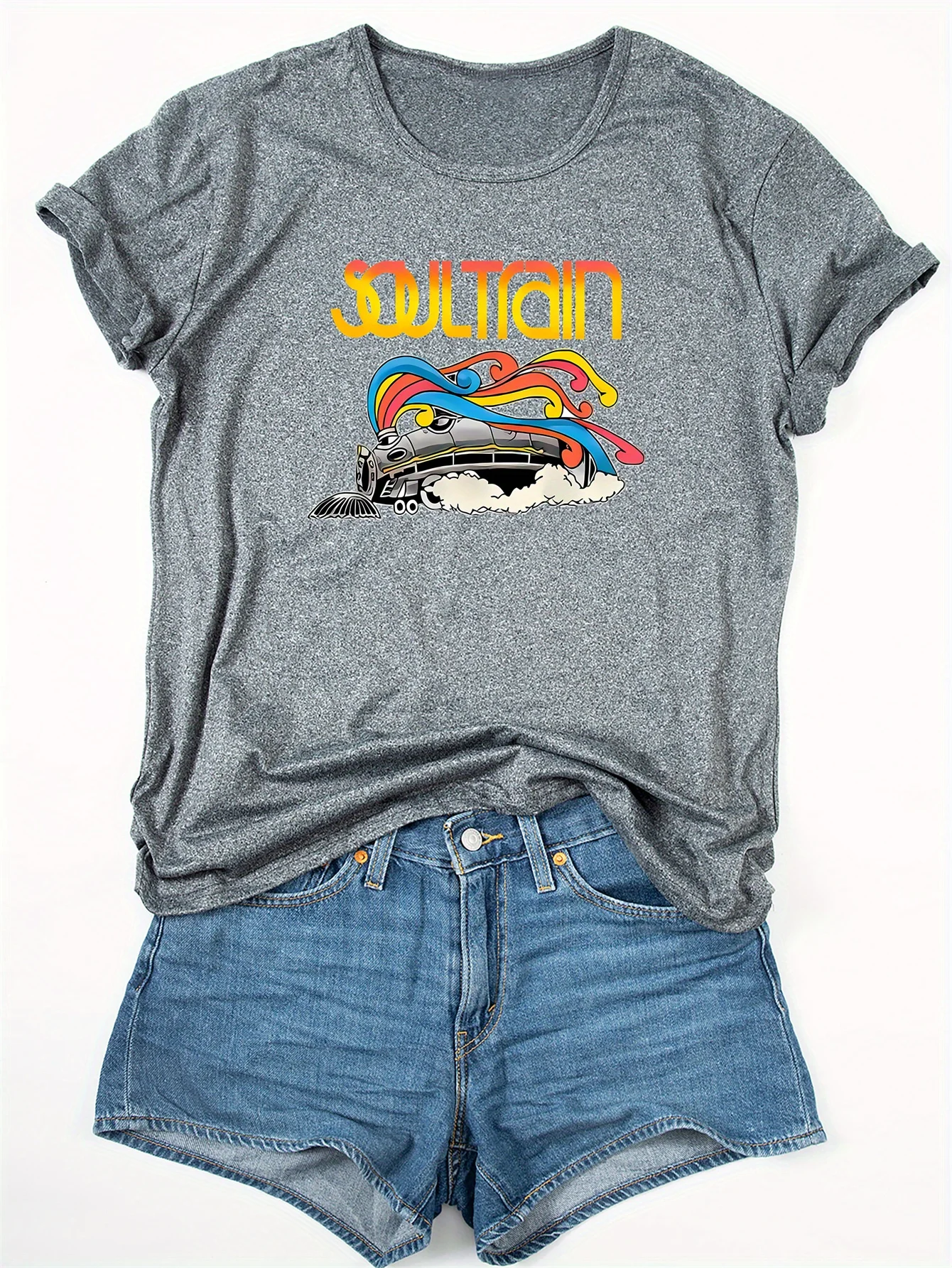 Soul Train Graphic Tee Women's Fashion Simple and comfortableCrew Neck Short Sleeve Suitable for outdoor use Sport T-Shirt