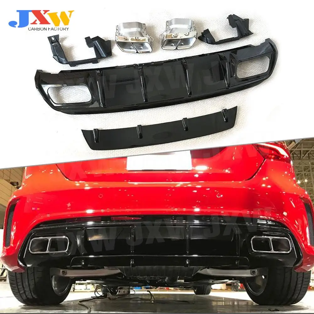 PP Rear Bumper Lip Diffuser with Exhaust Tips 4 Outlet for Mercedes Benz A Class W176 A45 AMG 2013-2019 Back Bumper Plate