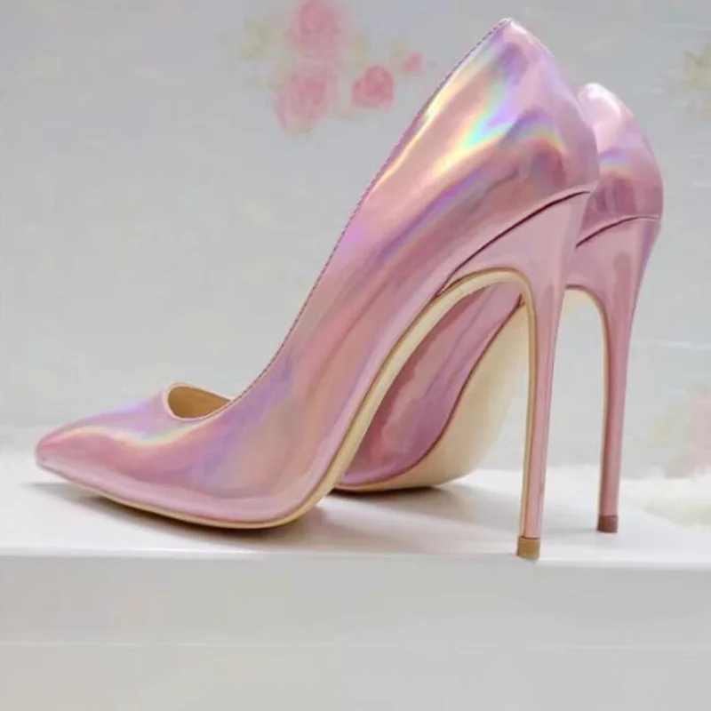 

Sexy Fluorescent Patent Leather Women Pumps Pointed Toe Slip On Shallow Hologram Iridescent Club Evening Party Shoes