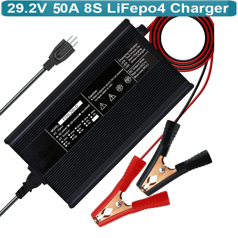 

29.2V 50A LiFePO4 Battery Charger for 24V/25.6V 8S LiFePO4 50AH-500AH Lithium Battery, 2-Stage Smart Trickle Charger