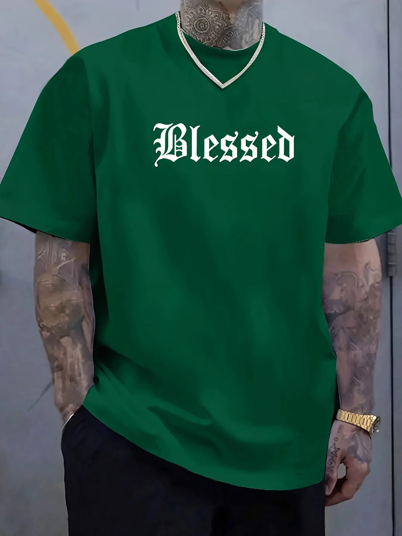 

Men's summer 100% pure cotton fashionable casual loose Blessed letter pattern printed sports round neck short sleeved T-shirt