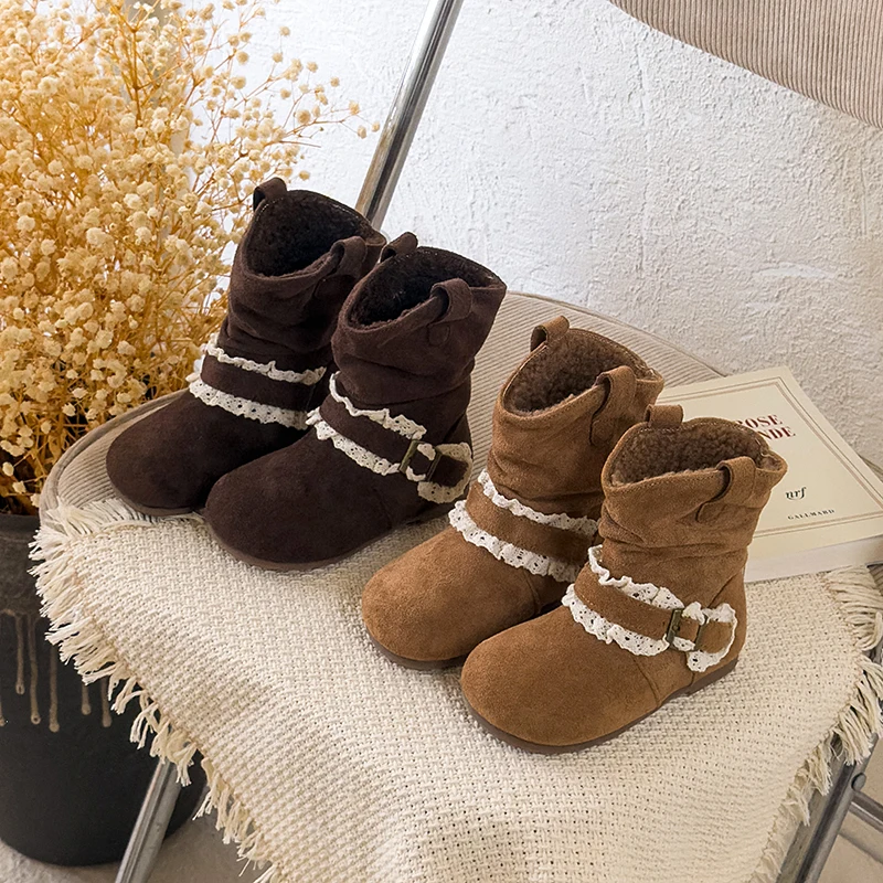 Girls Fashion Leather Boots Anti-slip Soft Sole Children Retro Warm Boots with Lace Trim Kids Short Boots Size 23-34