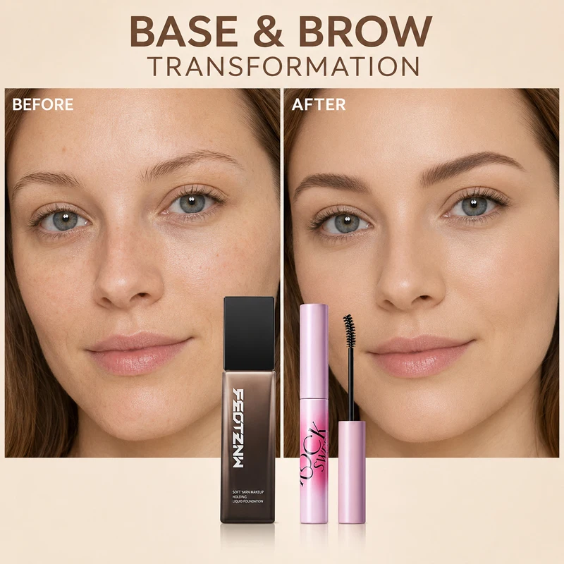 3PCS Makeup Set with 1 Liquid Foundation & 2 Tinted Brow Mascaras, Lightweight Easy-Blend Buildable Coverage Natural Finish Face Base, Water-Resistant Long-Lasting Eyebrow Gel Brow Tint for Fuller Defined Brows, Daily Natural Beauty Cosmetics Kit for Wome