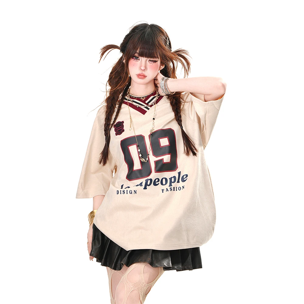High Quality Hot Selling Wholesale Sports T-shirt Women's Loose V-neck Half Sleeved Top Personality Oversized T Shirt Vintage