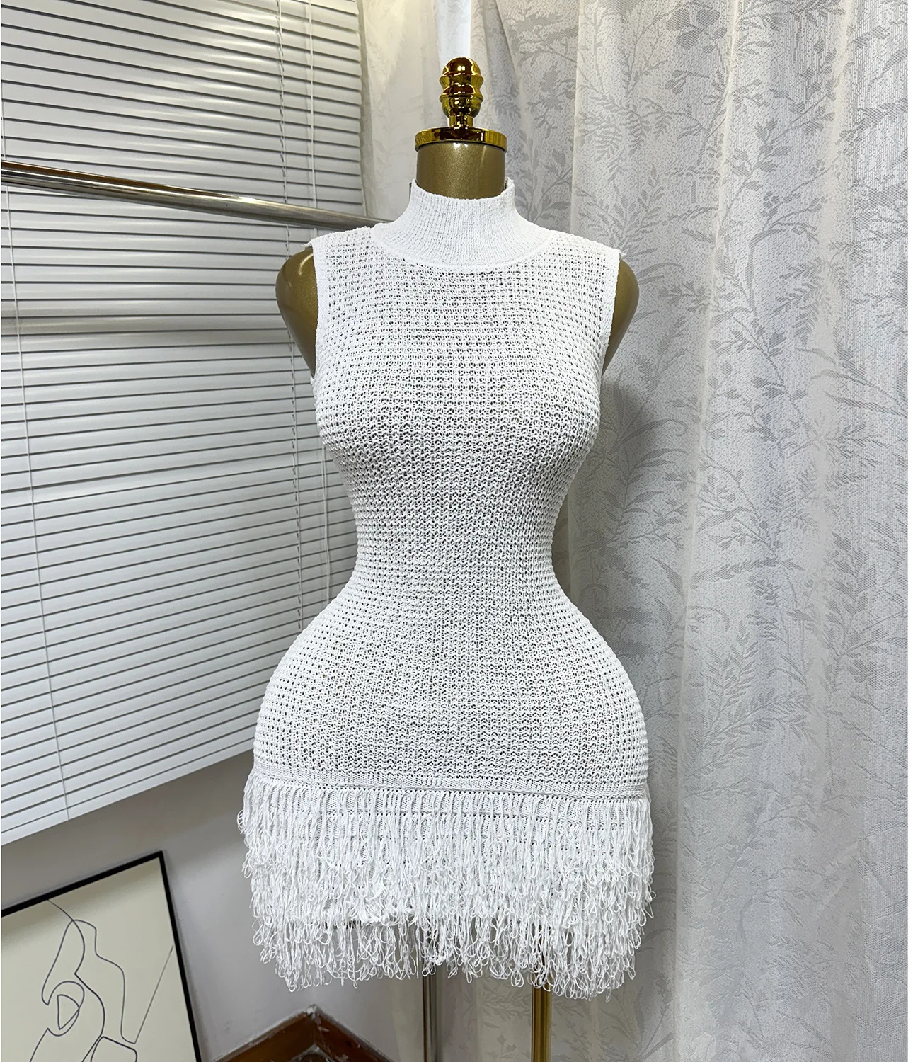 

Women Solid Color Sleeveless Knit Bodycon Mini Dress Turtleneck Fringe Hem Fitted Gown Elegant Casual Outfit Dating & Night Out
