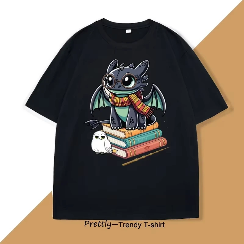 

MINISO Fun Dragon Pattern Unisex Vintage Printed Crew Neck Loose Short Sleeve T-Shirt