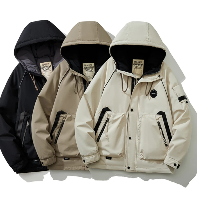 

Зимняя короткая рабочая одежда с капюшоном, пуховик с большими карманами, парные Свободные повседневные уличные топы, куртки, мужская одежда