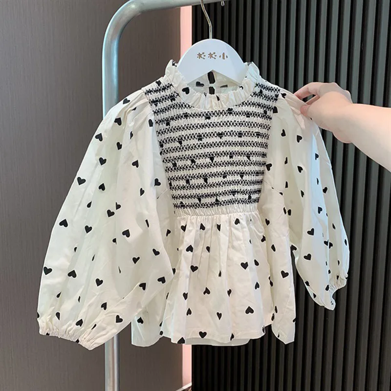 2-8T Toddler Kid Baby Girls Clothes Heart Print Girls Shirt Elegant Long Sleeve Loose Top Blouses Fashion Streetwear Outfit