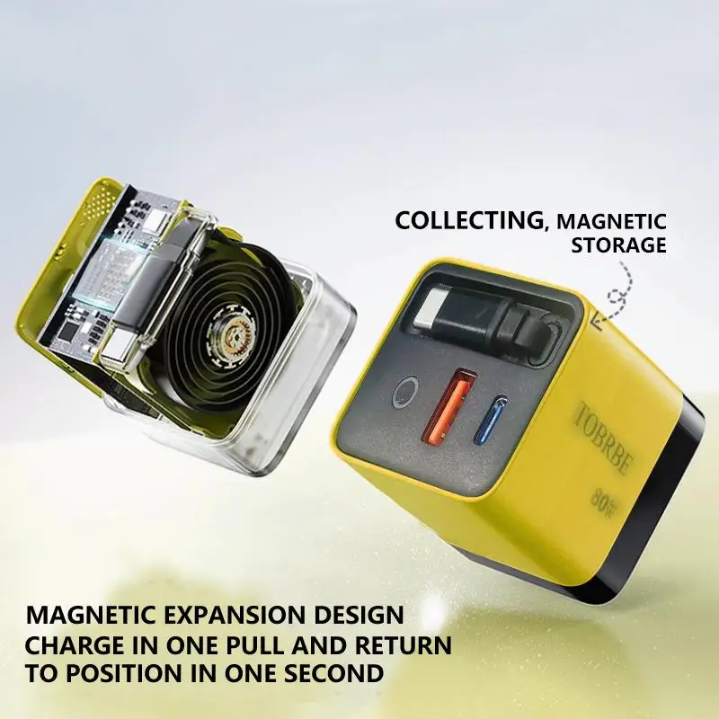 3 in 1 Phone Portable Adapter 80W MAX Fast Charger Phone Smartphone with Type-C Cable & 2 USB Ports Retractable Fast Charger