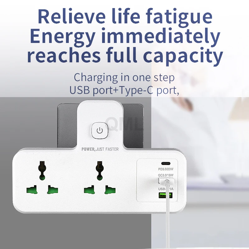 

EU UK Plug 2 AC Outlets Universal Expansion Wall Socket Board with 2 USB and 1 Type-C Ports Network Filter Fast Charging