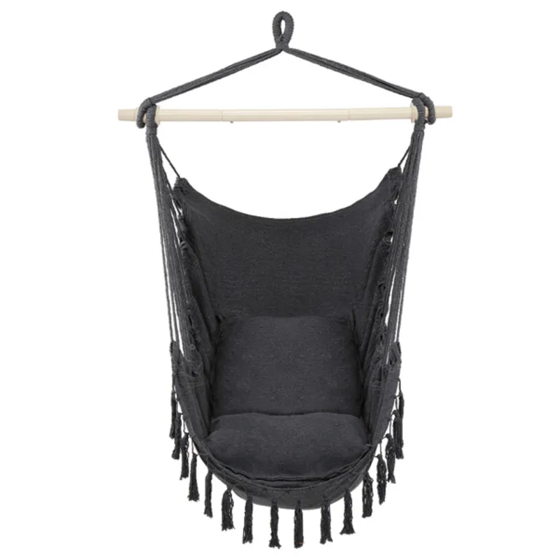 

Gray Pillow Tassel Macrame Hanging Chair Iron Pipe Structure 2 Cotton Linen Pillows Design For Cozy Reading Nooks Patio Lounging