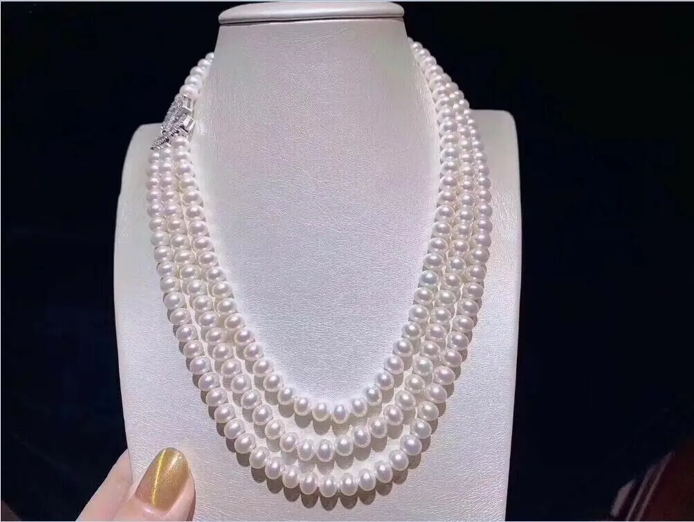 Triple Strands AAA 7-8mm Genuine South Sea White Pearl Necklace 18\