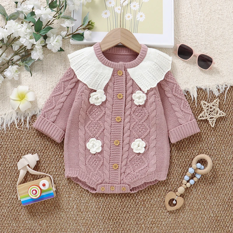 Baby Bodysuit Knitted Newborn Jumpsuit Long Sleeve Autumn Infant Bebe Girl Clothes 0-18M Overalls Sweater Cute Flowers Playsuit