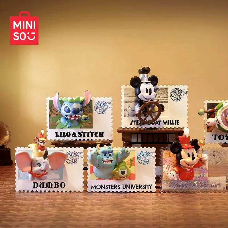 

MINISO Genuine Surprise Blind Box Disney 100th Anniversary Retro Stamp Mickey Mouse The Pooh Stitch Mini Figures Statue Gifts