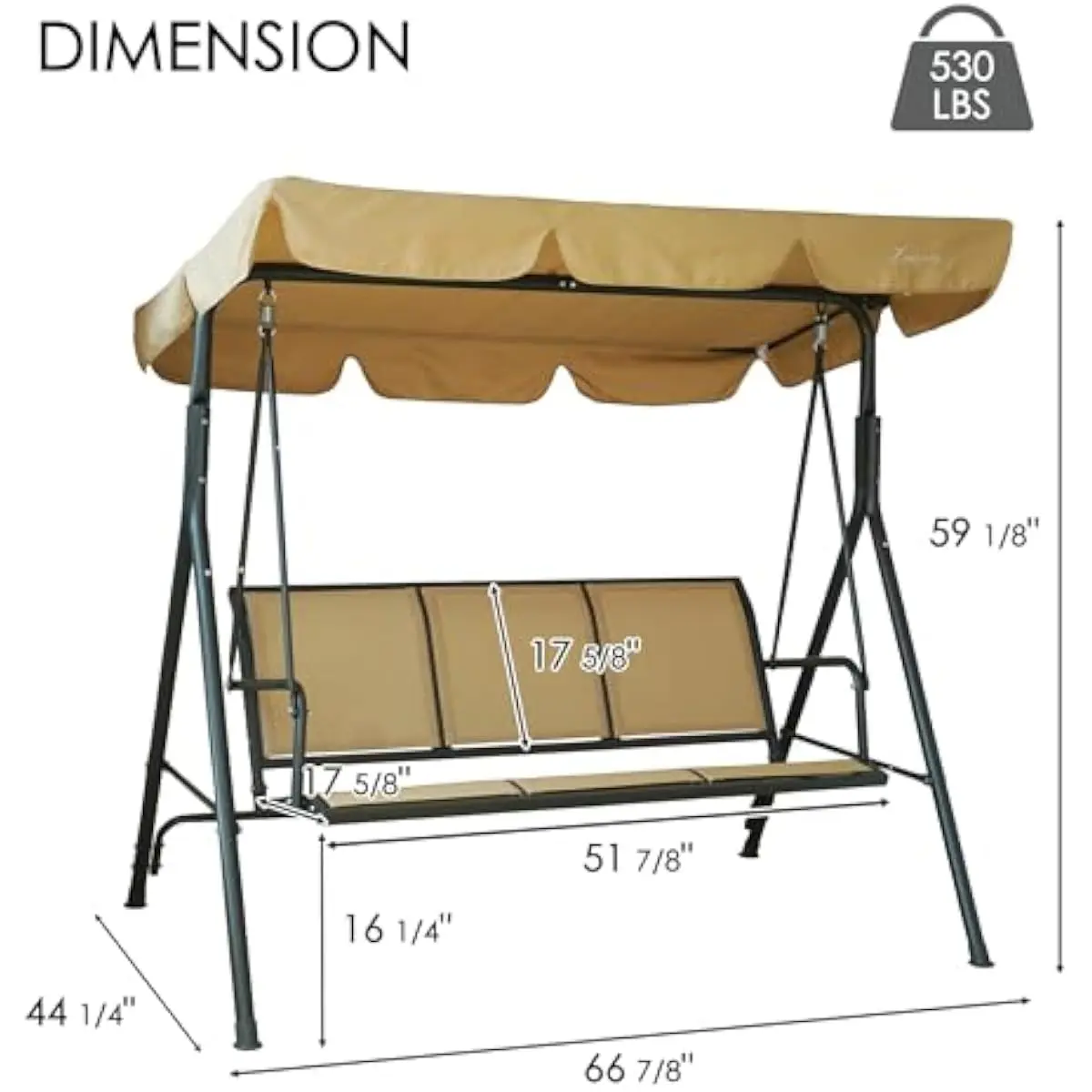 Three-person outdoor swing with tilt-adjustable polyester canopy, powder-coated steel frame, breathable Textilene seat, armrests