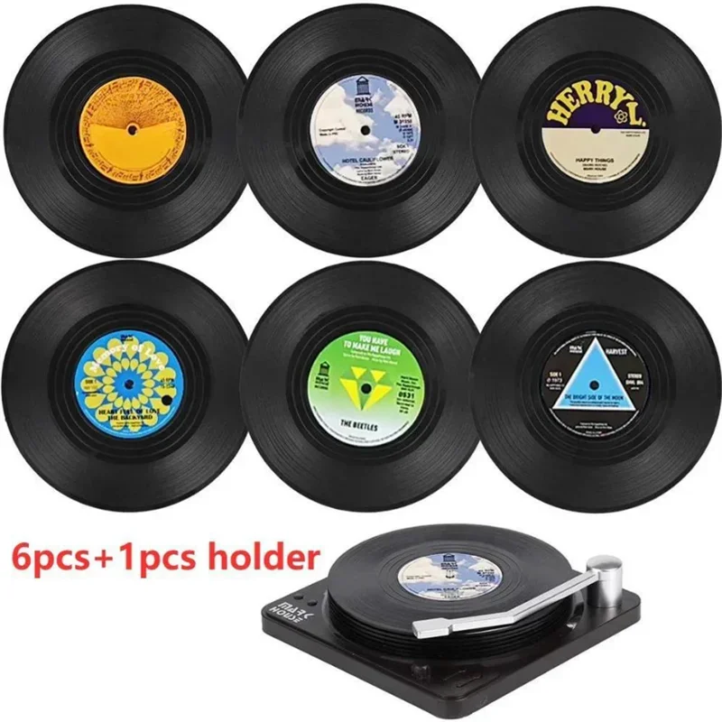 Creative Music Coasters with Vinyl Record Player Holder Set of 6 Vinyl Coasters for Drinks Retro Record Disk Coaster Mug Pad Mat