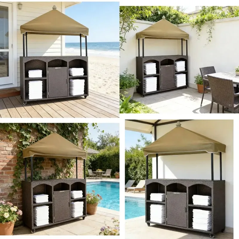 Hotel Outdoor Pool Equipment Storage Plastic Rattan Cabinet Towels Poolside with Wheels