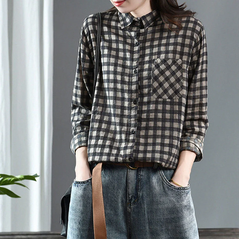 2025 Spring Cotton Linen Retro Plaid Shirt Patch Pocket Long Sleeve Lapel Breasted Casual Cardigan Top for Women