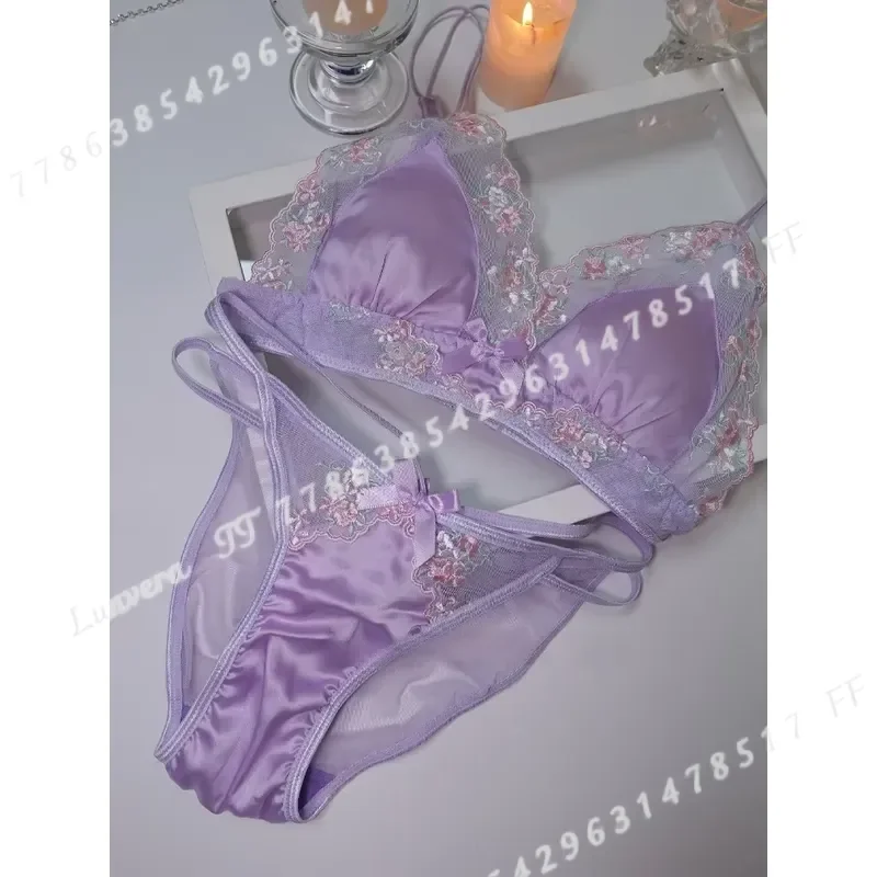 Girls French Bra Thin Triangle Cup Purple Embroidery Light Luxury Silk Sexy Pure Desire Lace Underwear Set