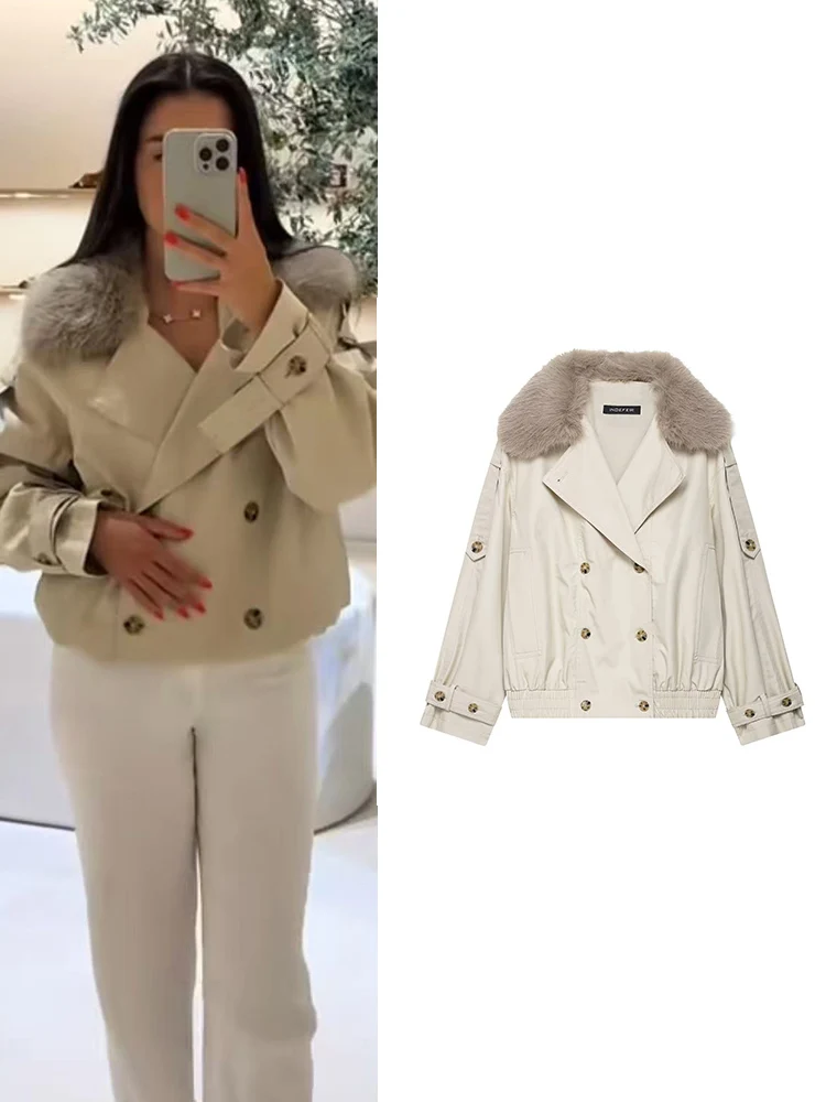

Women Fashion Short Trench Coat 2025 Autumn New Fashion Faux Fur Collar Decoration Double Breasted Retro Casual Outerwear Chic
