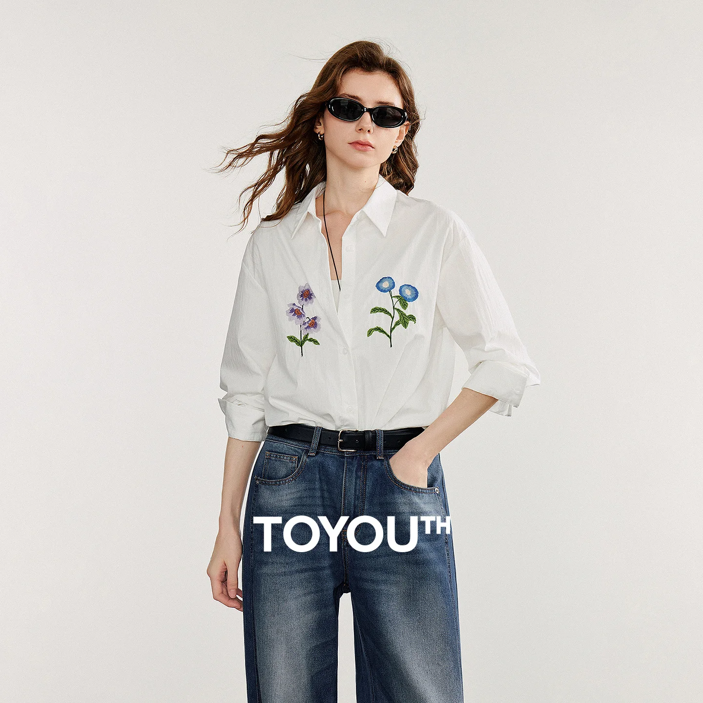 

TOYOUTH Women Blouse Shirt 2025 Autumn New Floral Embroidered Turn Down Collar Office Lady White Blusa Tops