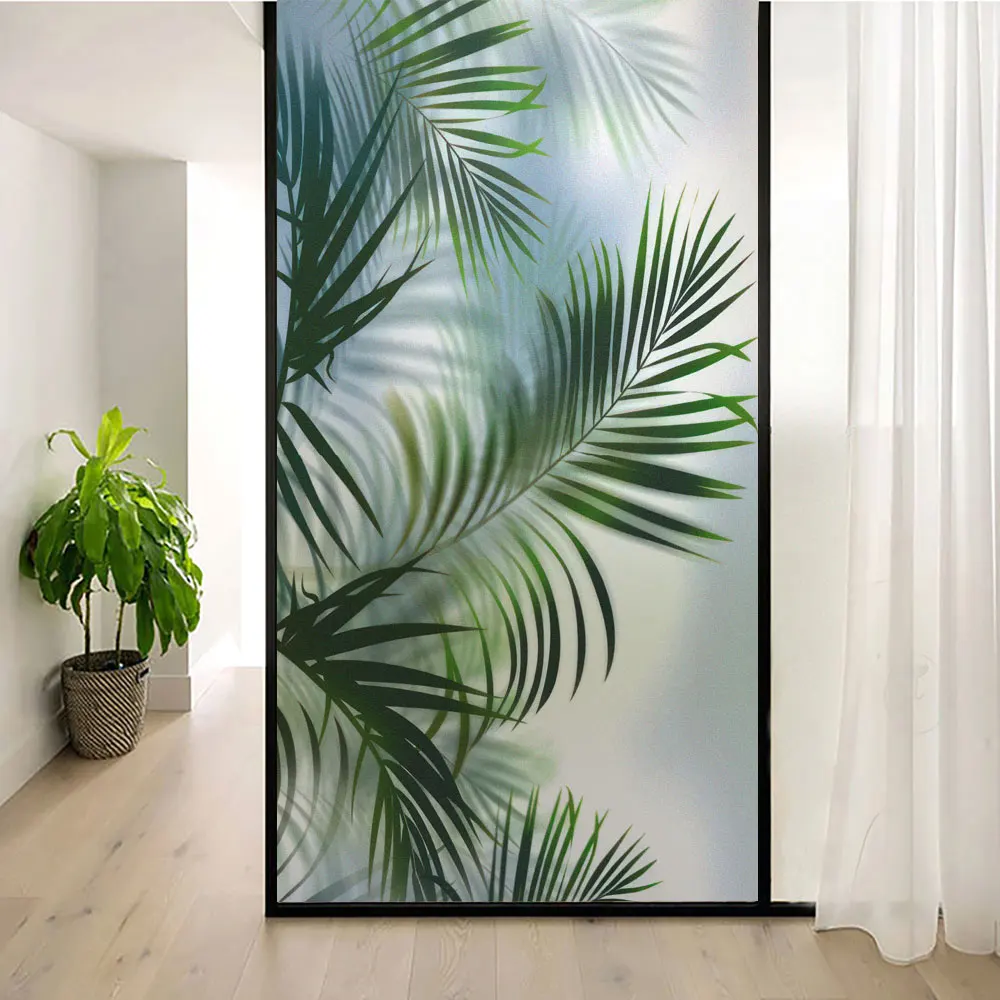 Window Privacy Film UV Blocking Heat Control Window Covering Static Cling Green Leaves Decorative Glass Window/Door Sticker