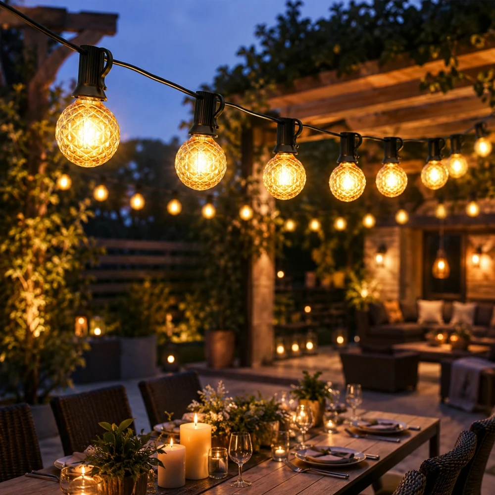 220V EU Plug G40 LED String Lights with Adapter and Remote, 24V Dimmable 2700K Shatterproof IP44 Outdoor Patio Garden Lights Set