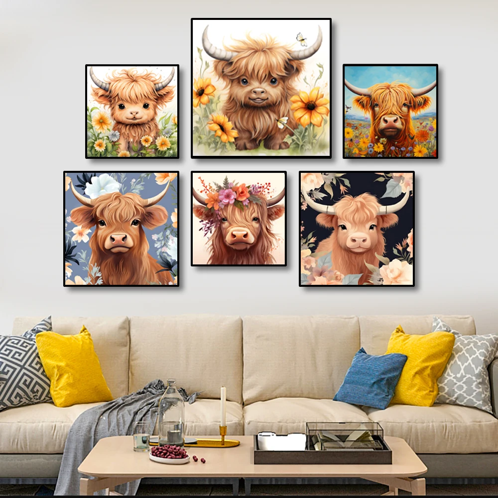 Nordic Cute Highland Cow Wreath Logo Canvas Prints Calf Flower Wall Art Poster for Living Room Bedroom & Home Spring Decor Gift