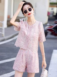 Summer Elegant Lace 2 Piece Sets Women Outfit Conjuntos Para Mujeres 2 Piezas 2024 New Embroidered Blouse Wide Leg Shorts Suit