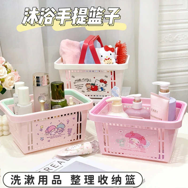 

Cute Hello Kitty Y2K Hand Basket Sanrio Kawaii Anime Kuromi Pochacco Toiletries Storage Basket Girl Heart Sweet Bath Basket Gift