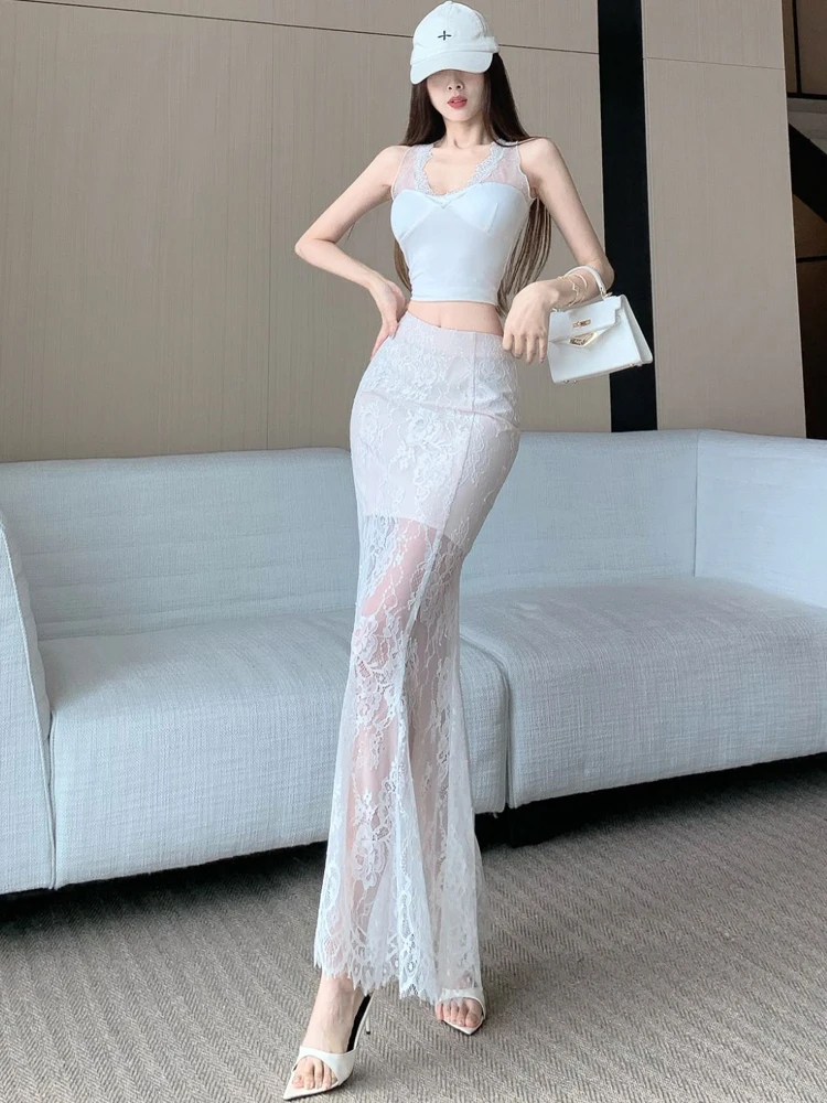 Gonna longuette in pizzo Bla Gonna a trapezio a vita alta Faion da donna di media lunghezza Sli Personali Gonna con cerniera sul sedere Estate Nuovo Ar...