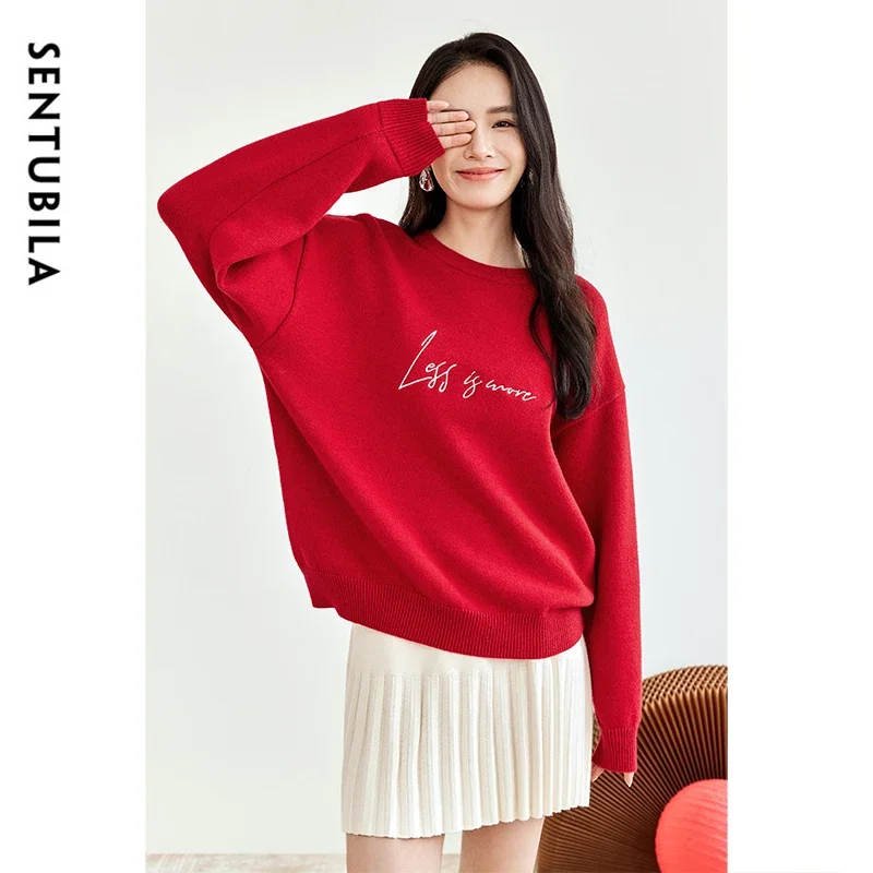 

SENTUBILA Women Oversized Pullover Sweater 2024 Winter Knitwear Letter Embroidery Long Sleeve Knit Tops Female Jumpers W44E57642