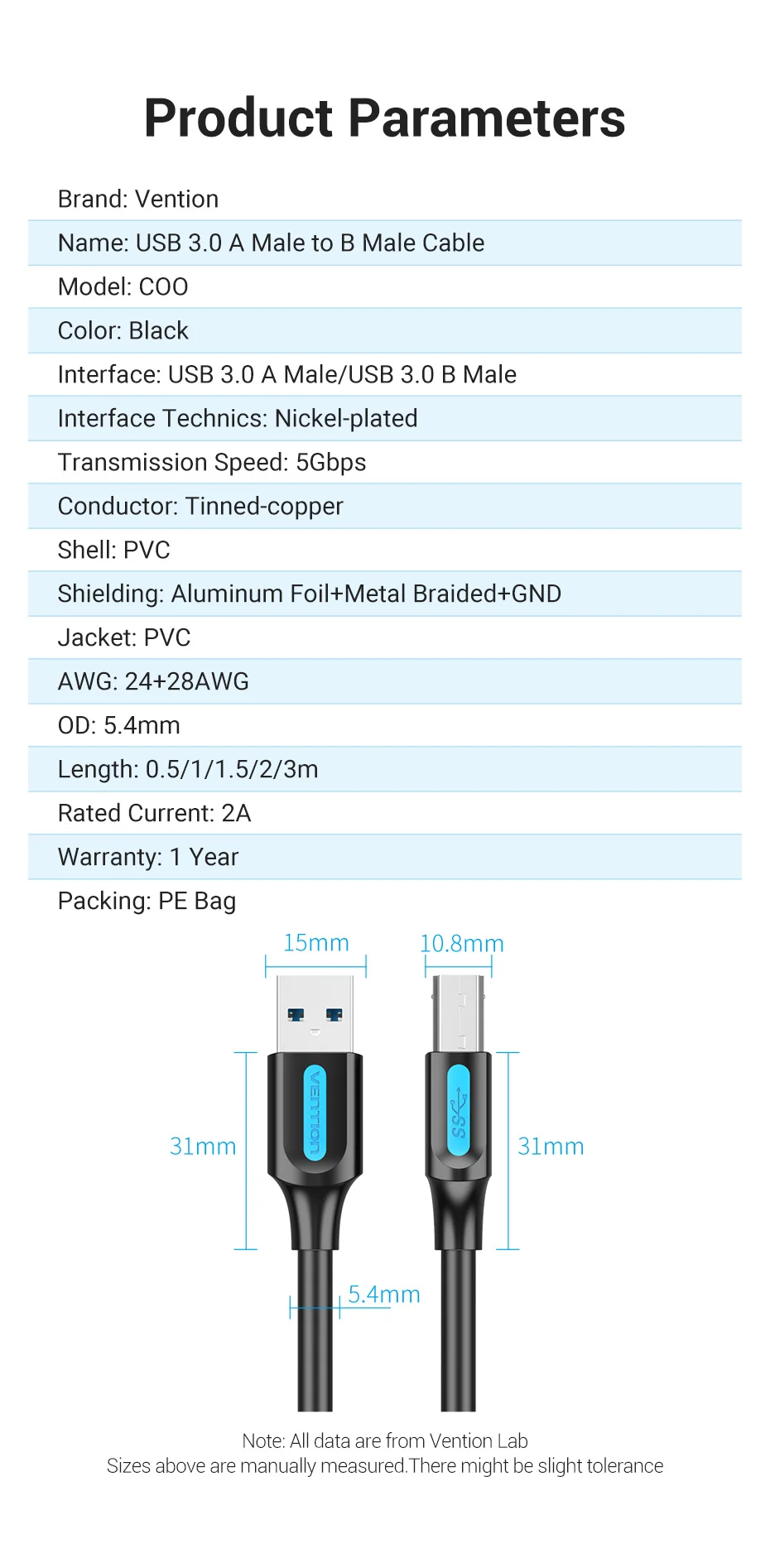 Vention USB-Druckerkabel USB 3.0 Typ A Stecker auf B Stecker Kabel für Canon Epson HP ZJiang Etikettendrucker DAC USB-Drucker 0,5 m-3 m – Detail 9