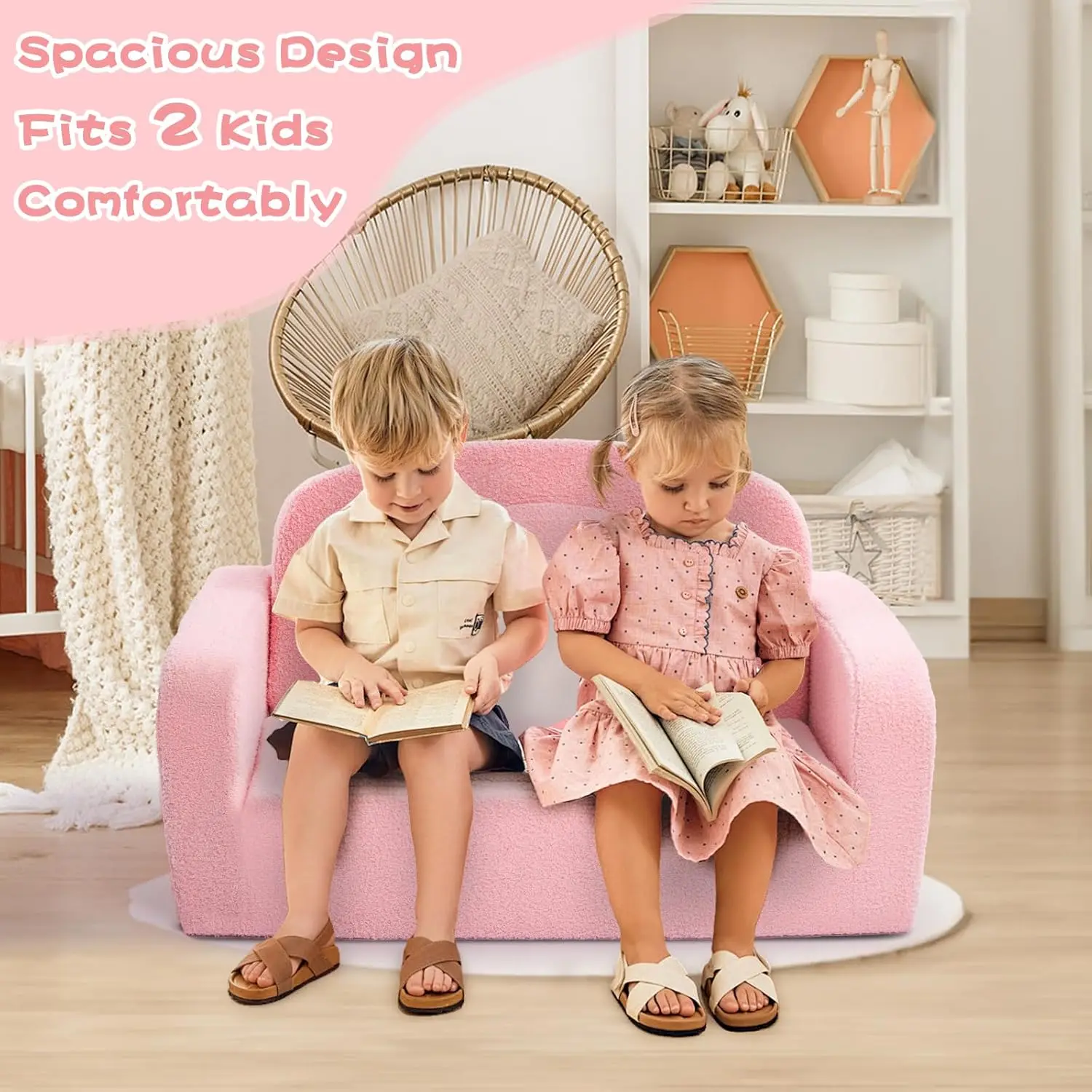 2-in-1 Convertible Kids Sofa with Rainbow Design, Soft Blanket, and Portable Handle for Toddlers