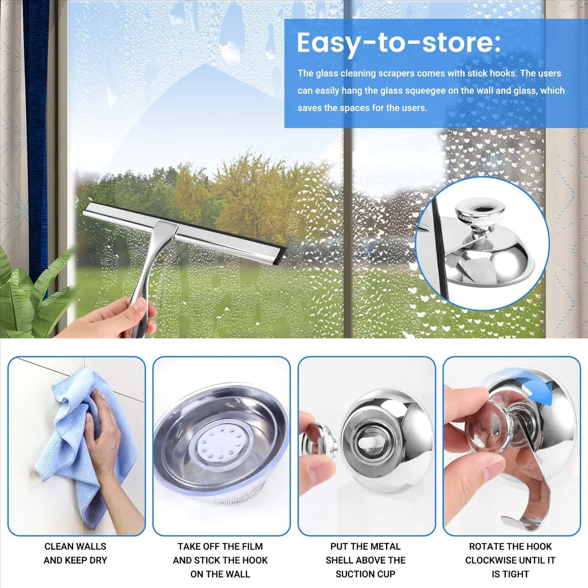 ABFS Premium Stainless Steel Squeegee for Shower Doors, Bathroom, Window and Car Glass, All-Purpose Cleaning Glass Wiper