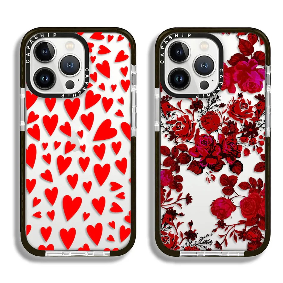 Red Heart Rose Flower Case For iPhone 15 14 13 12 11 Pro X XS XR Max 7 8 Plus SE 2020 2022 Clear Soft TPU Shockproof Back Cover