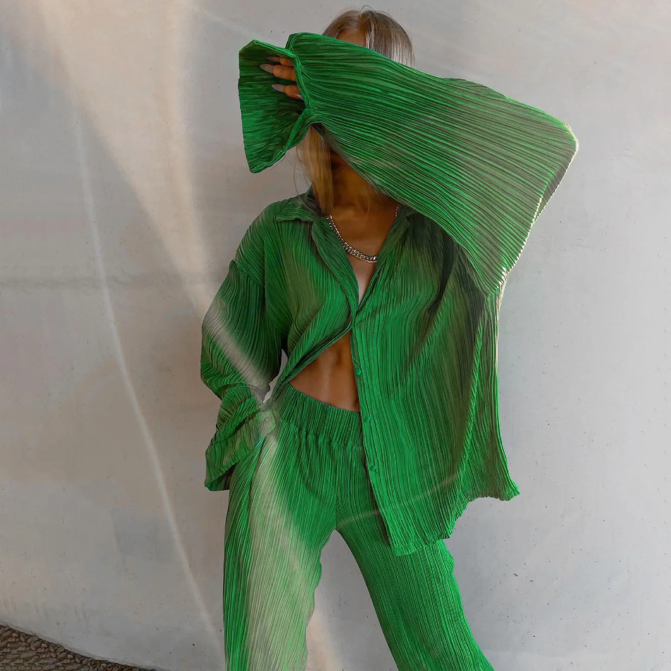 Women Tracksuits Shirt With Long Pants Two Pieces Sets Clothing Outfits Women Pleated Blouses Loose Suits Fashion Tracksuits