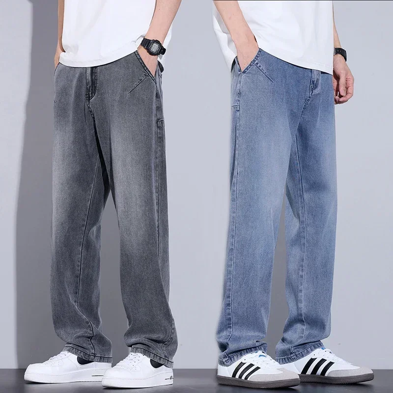

Pop Men Thin Soft Jeans Lyceler Fabric Straight Fashion Korean Loose Wide Trousers Comfortable Casual Pants Male Streetwear