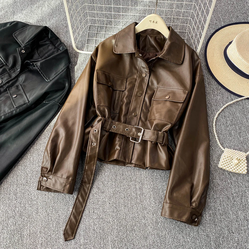 

American Retro PU Leather Jacket Top Fashion Lapel Coat Women's Long Sleeve Single Breasted Fashion Lace Up Waist Autumn Wear