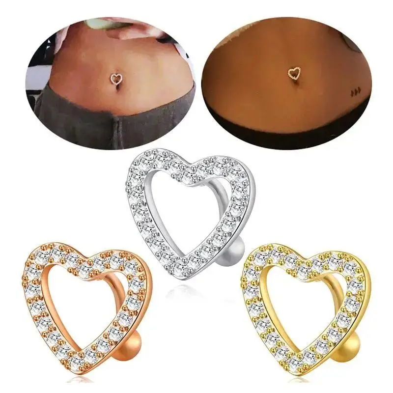 1pc Elegant Stainless Steel Belly Button Ring Women Hollow-Out Design Heart-Shaped Zirconia Navel Jewelry for Daily Wear Party