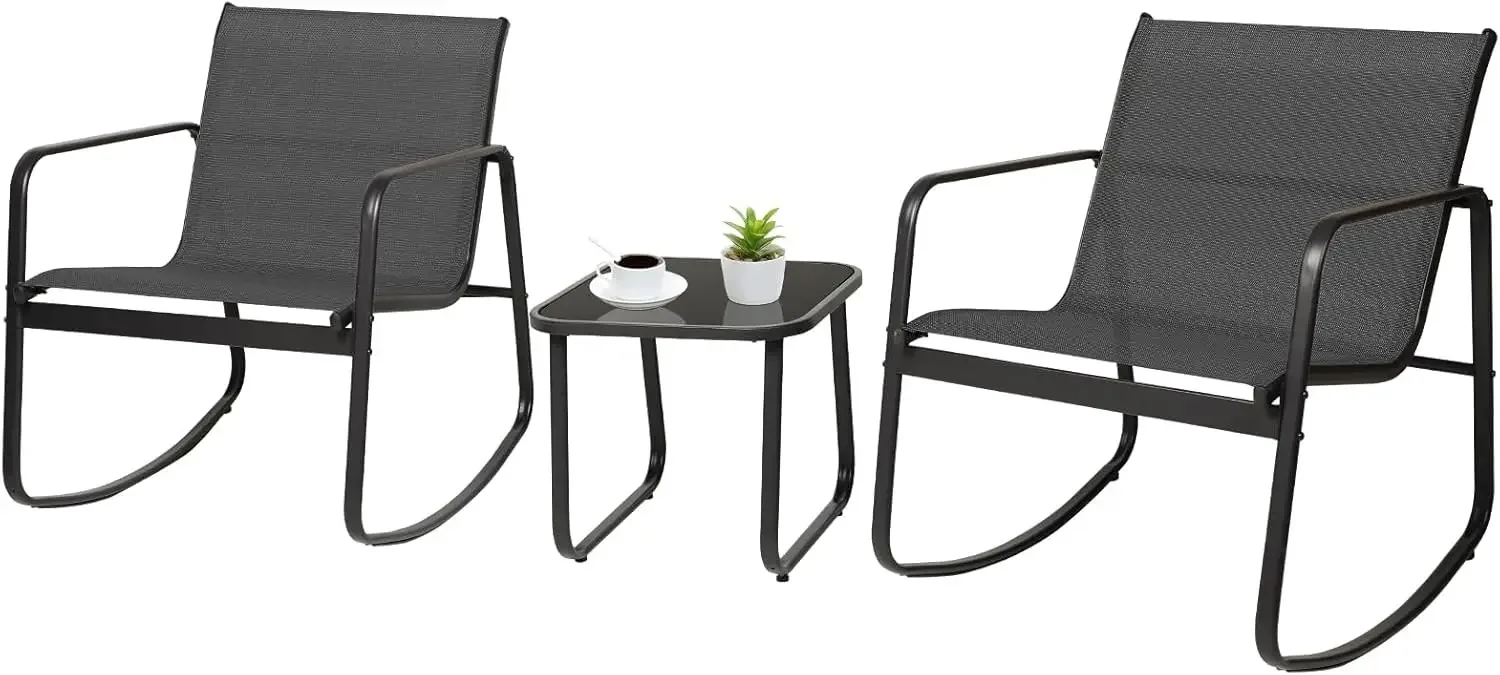 Rocking Bistro Set, Textilene Outdoor Furniture Set with  Rocking Chair & Glass Coffee Table
