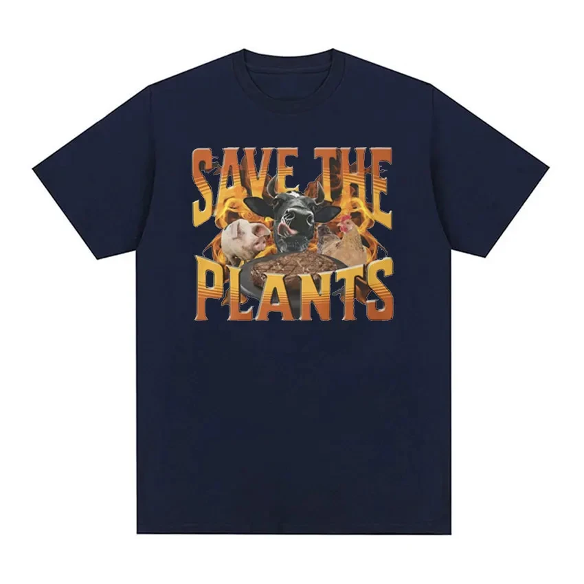 SAVE THE PLANTS Funny Vegan Graphic T Shirt Men Retro Fashion High Quality T-shirts Unisex Casual 100% Cotton Oversized T-shirt