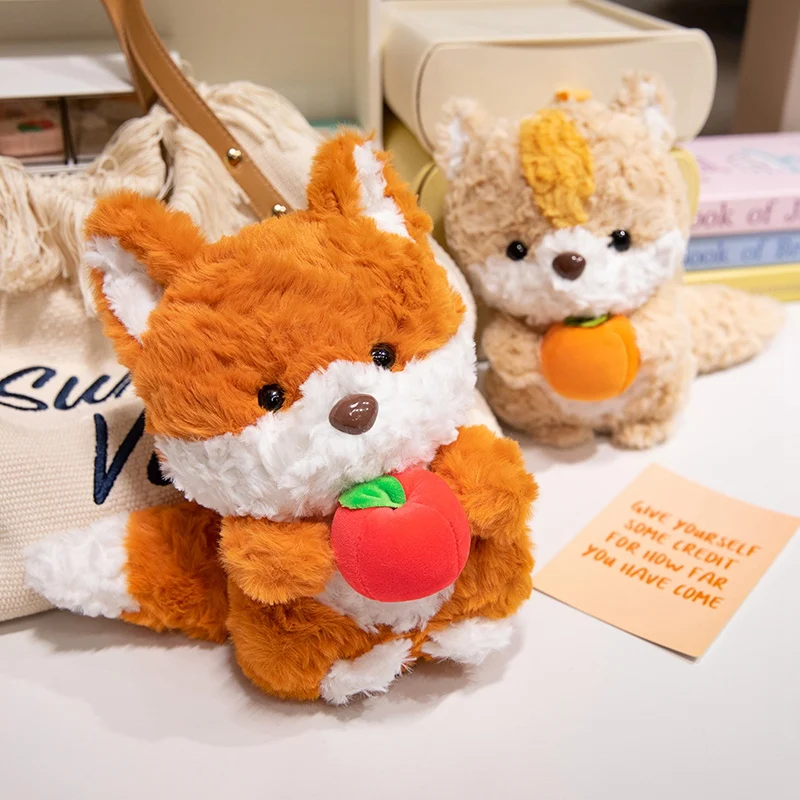 Oreiller en peluche Kawaii avec beurre de fruits, renard et écureuil, animal de dessin animé, jouet doux, cadeau d'anniversaire idéal, 24cm