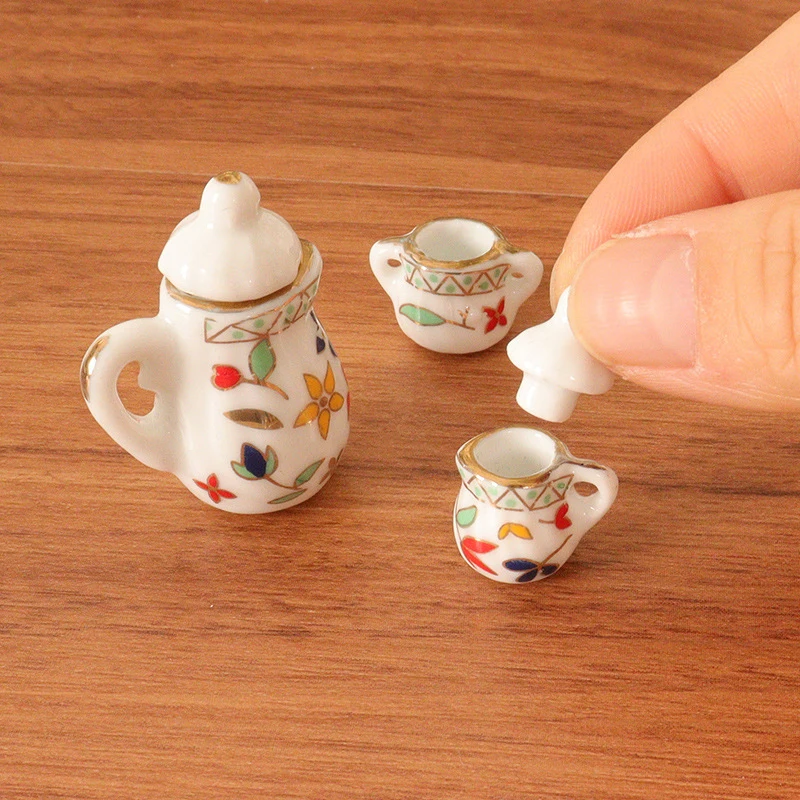 Juego de tetera de cerámica en miniatura para casa de muñecas, Mini taza de té de simulación, vajilla, modelo de porcelana, juguetes de Decoración de cocina, 3 piezas, 1:12