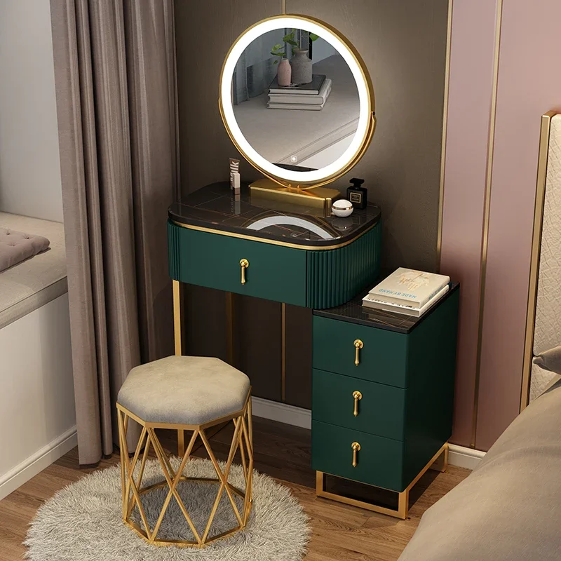 Factory Direct 2026 Desk with Round Mirror Stool Hairstyle Comfortable Dressing Table Woman Grey Vanity Tocador Home Furniture