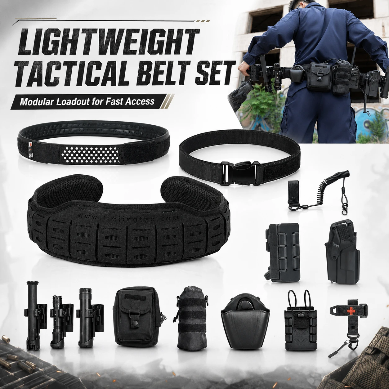 Tactical Belt Set 14-in-1, Molle Battle Belt with Holster & Mag Pouches, Modular Quick-Draw Duty Belt System for Airsoft Hunting