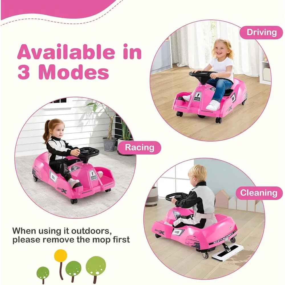 รถโกคาร์ททำความสะอาดไฟฟ้าสำหรับเด็ก แบตเตอรี่ 12V ขับเคลื่อนด้วยพลังงานแบตเตอรี่ พร้อมไม้ถูพื้นแบบถอดได้ รีโมทคอนโทรล 3 ระดับความเร็ว สีชมพู