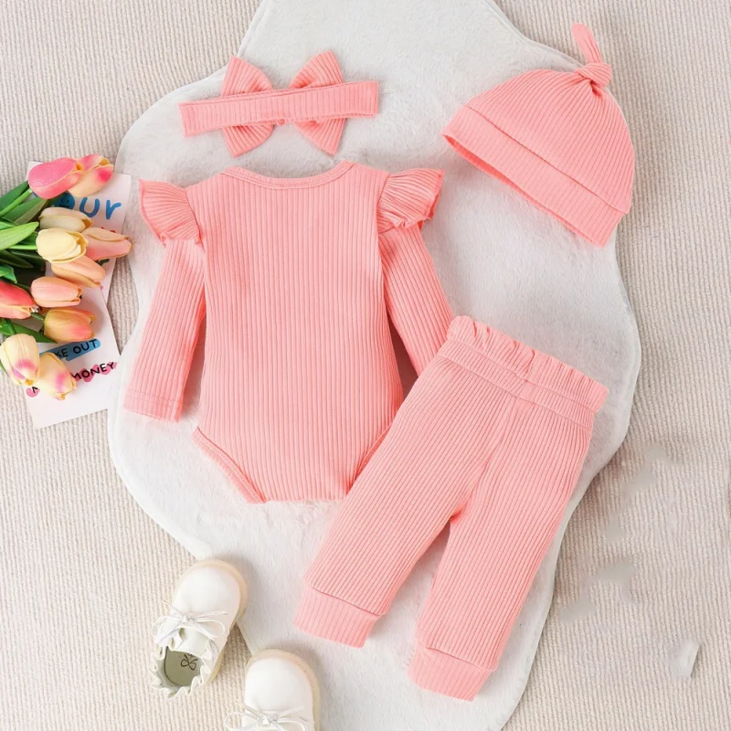 4PCS Newborn Baby Girl Clothing Suit Autumn Long Sleeve Letter Romper Pant with Hat & Headband Outfit Girl Clothes 0-6M D2L