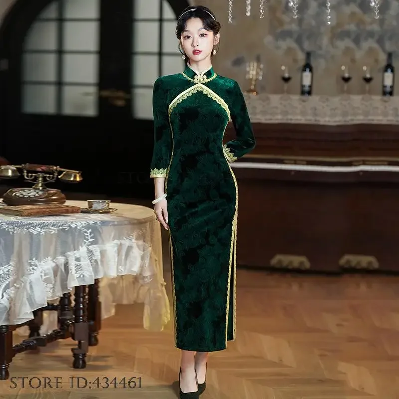 

Платье в китайском стиле, тонкое платье больших размеров, велюровое длинное платье Cheongsam, сексуальное кружевное платье с разрезом Qipao, женское классическое вечернее платье