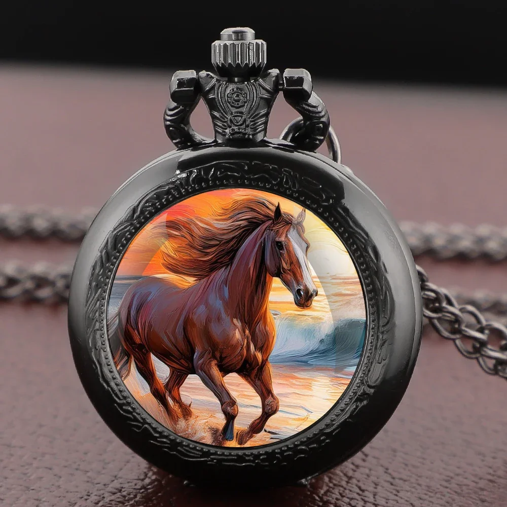 

New Sunset Sea Galloping Horse Design Glass Dome Vintage Pocket Watch Men Women Pendant Necklace Chain Charm Watch Jewelry Gifts
